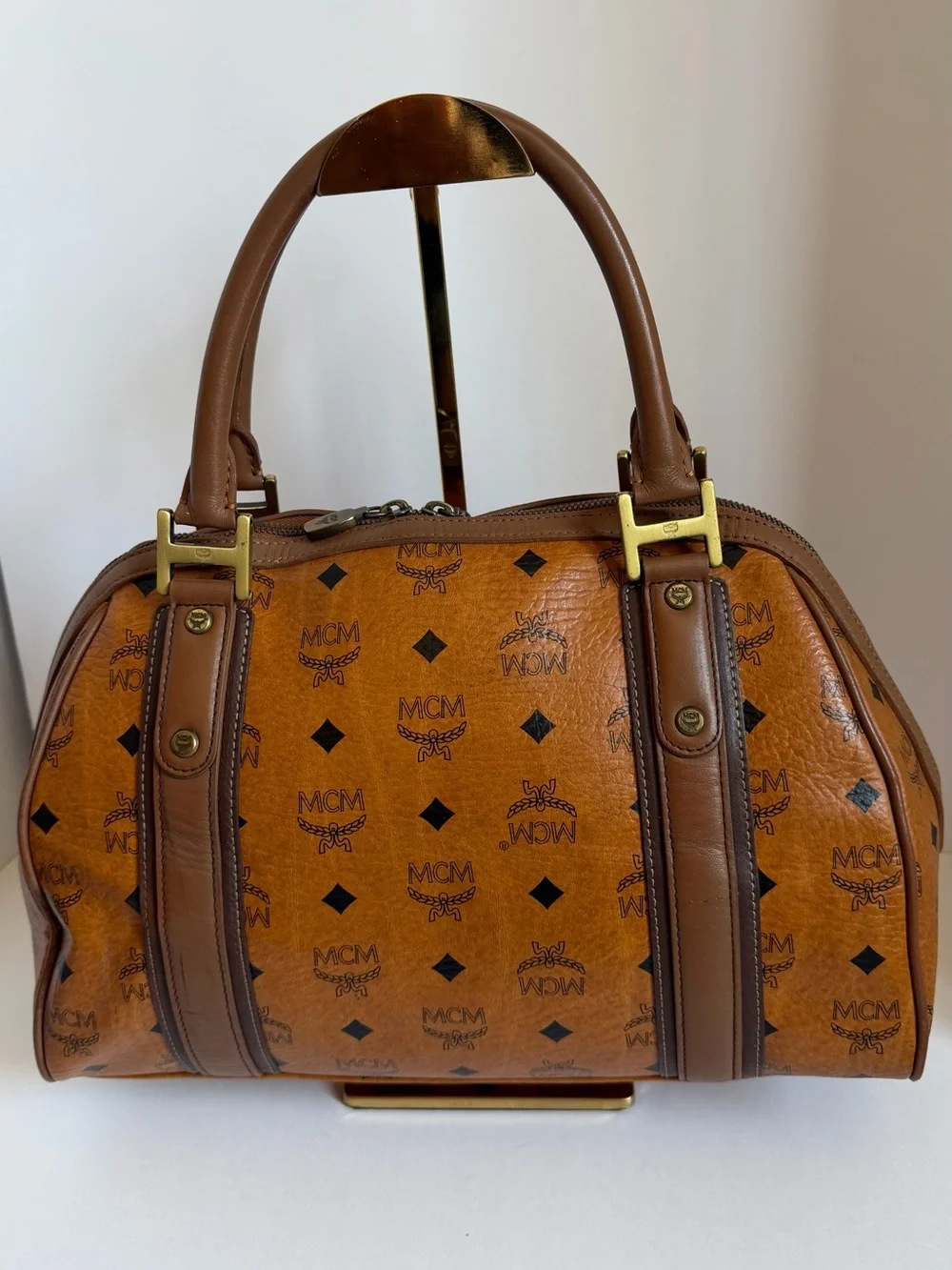 MCM Cognac Monogram Boston Satchel with Brown Trim